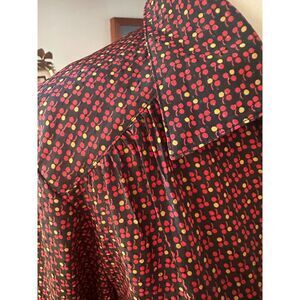 Vintage Cherry Print Blouse 70s 80s Secretary Novelty Silk Feel Top